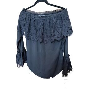 Black Off Shoulder Lace Trim‎ Long Sleeve Blouse Top